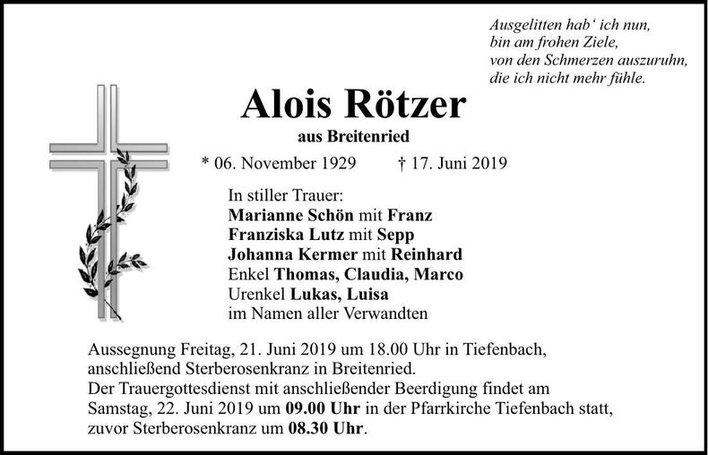 Traueranzeige Alois Rötzer