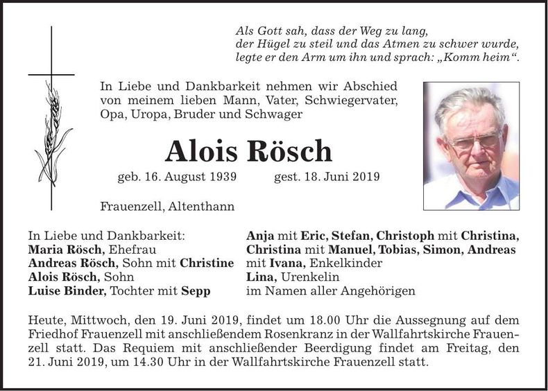 Traueranzeige Alois Rösch