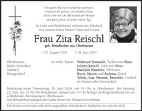Traueranzeige Zita Reischl