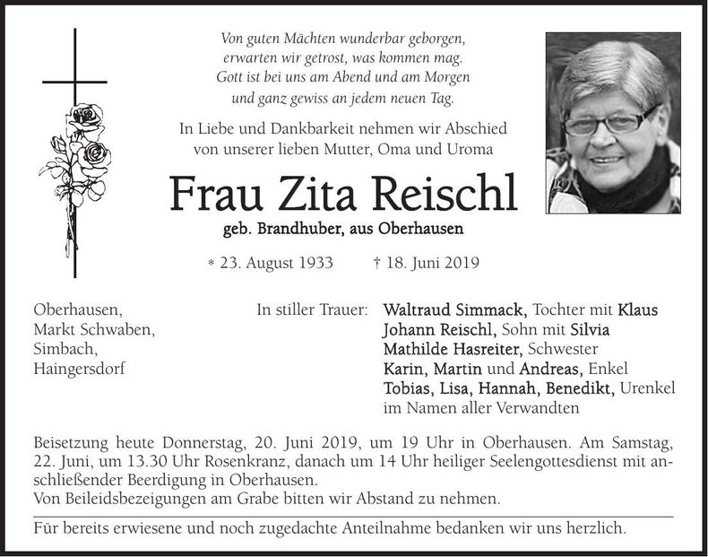 Traueranzeige Zita Reischl