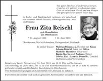 Traueranzeige Zita Reischl