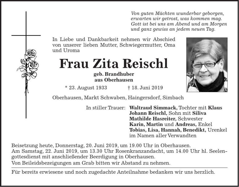 Traueranzeige Zita Reischl