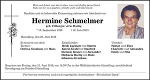 Traueranzeige Hermine Schmelmer