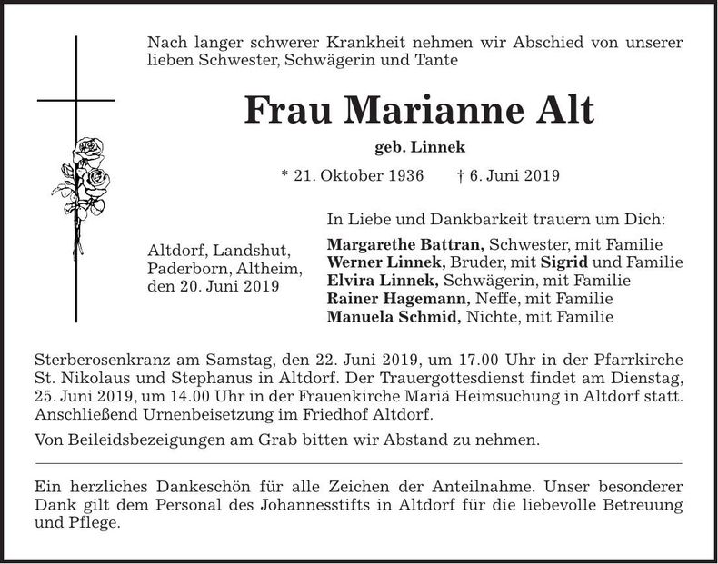 Traueranzeige Marianne Alt