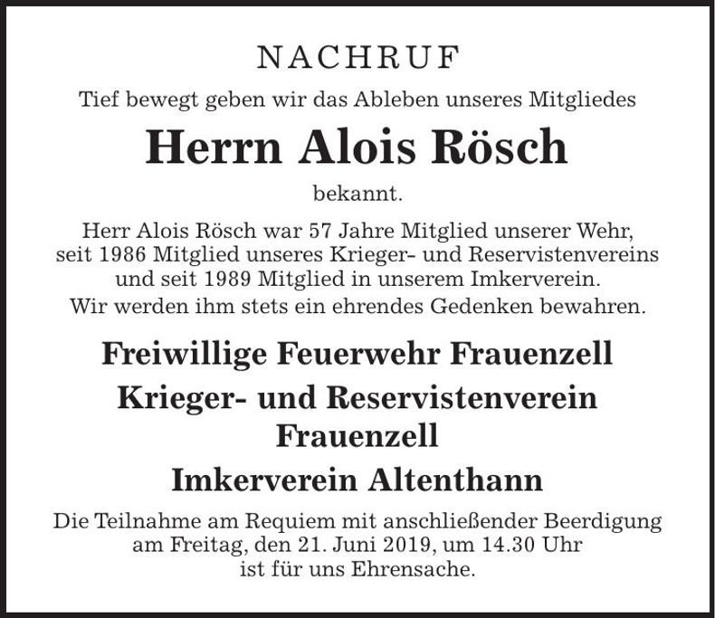 Traueranzeige Alois Rösch