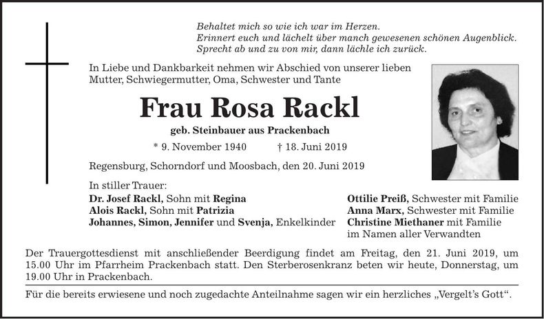 Traueranzeige Rosa Rackl