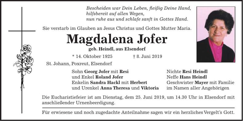 Traueranzeige Magdalena Jofer