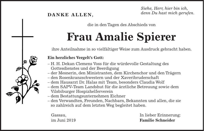 Traueranzeige Amalie Spierer