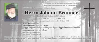 Traueranzeige Johann Brunner