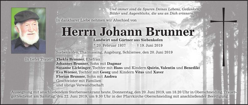Traueranzeige Johann Brunner