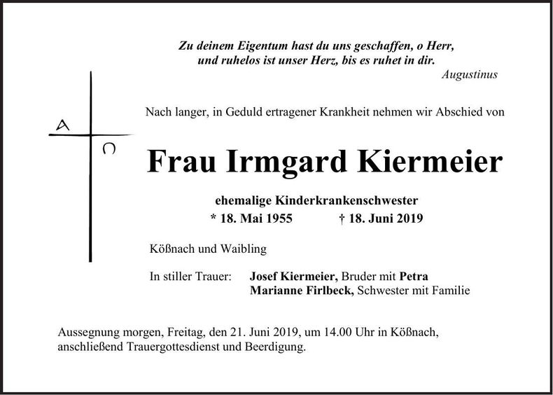 Traueranzeige Irmgard Kiermeier
