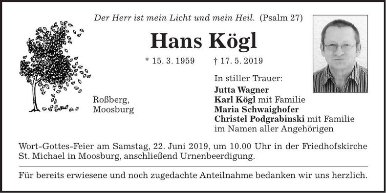 Traueranzeige Hans Kögl