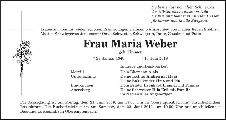 Traueranzeige Maria Weber