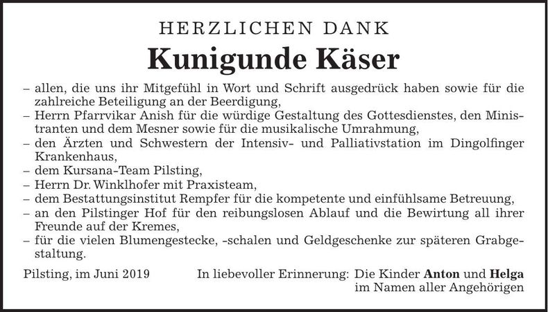 Traueranzeige Kunigunde Käser