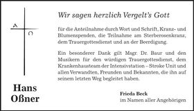 Traueranzeige Hans Oßner