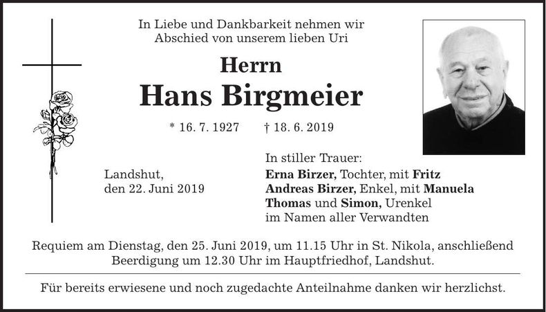 Traueranzeige Hans Birgmeier
