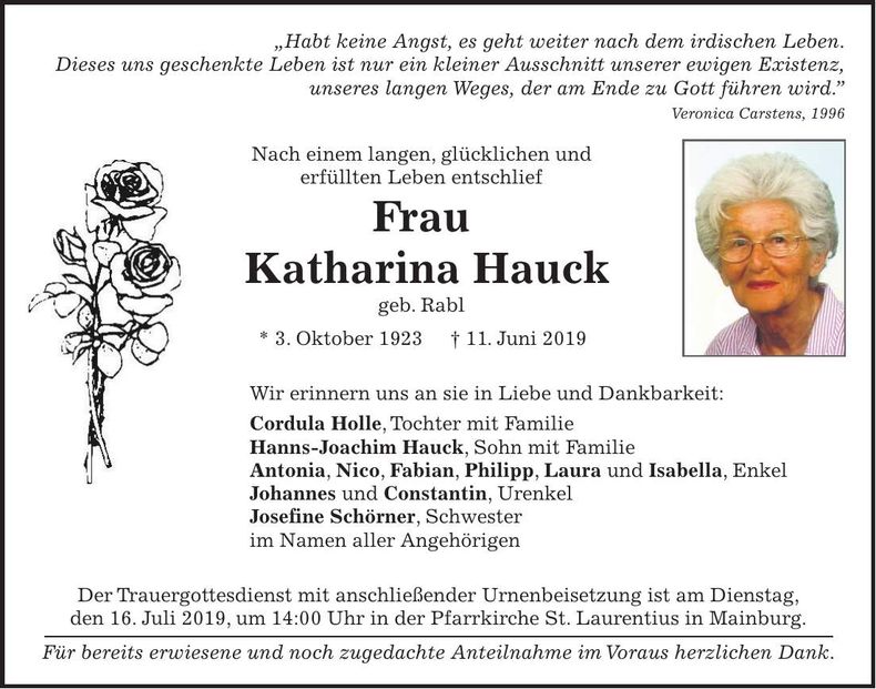 Traueranzeige Katharina Hauck