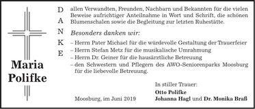 Traueranzeige Maria Polifke