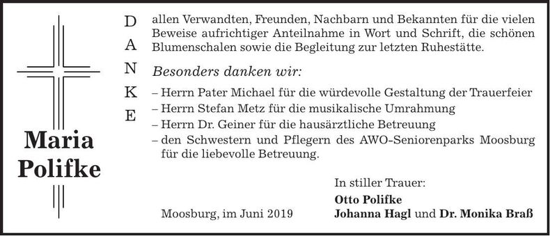 Traueranzeige Maria Polifke