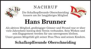 Traueranzeige Hans Brunner