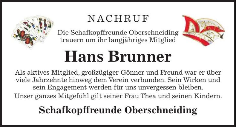 Traueranzeige Hans Brunner