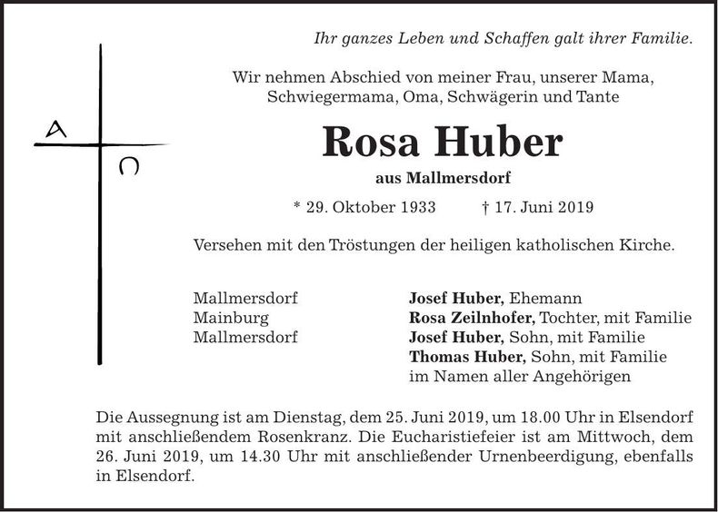 Traueranzeige Rosa Huber