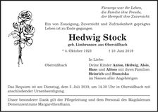 Traueranzeige Hedwig Stock