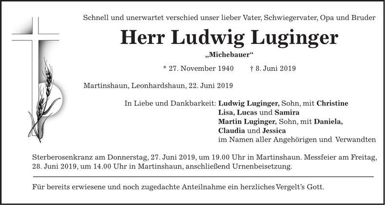 Traueranzeige Ludwig Luginger