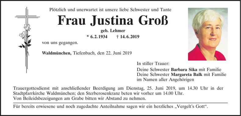 Traueranzeige Justina Groß