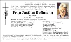 Traueranzeige Justina Roßmann