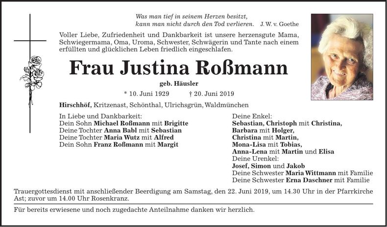 Traueranzeige Justina Roßmann