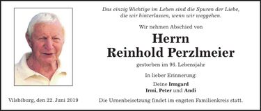 Traueranzeige Reinhold Perzlmeier