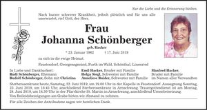 Traueranzeige Johanna Schönberger