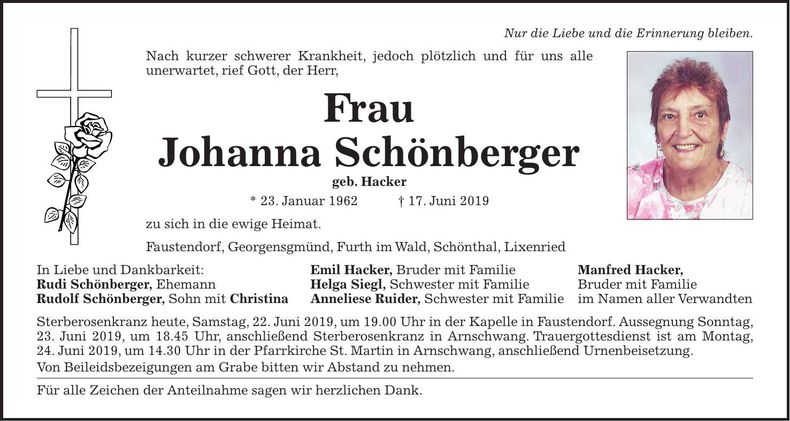 Traueranzeige Johanna Schönberger
