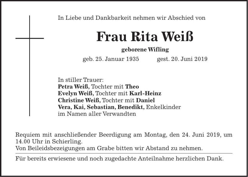 Traueranzeige Rita Weiß