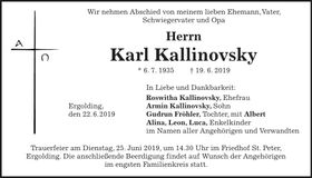 Traueranzeige Karl Kallinovsky