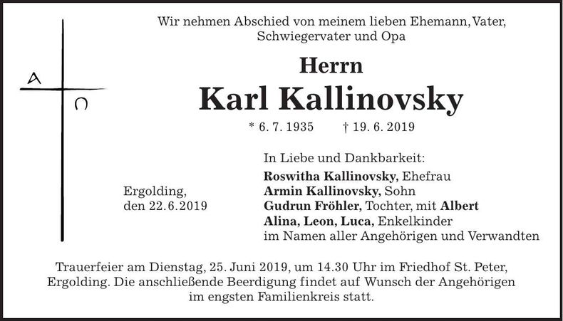 Traueranzeige Karl Kallinovsky