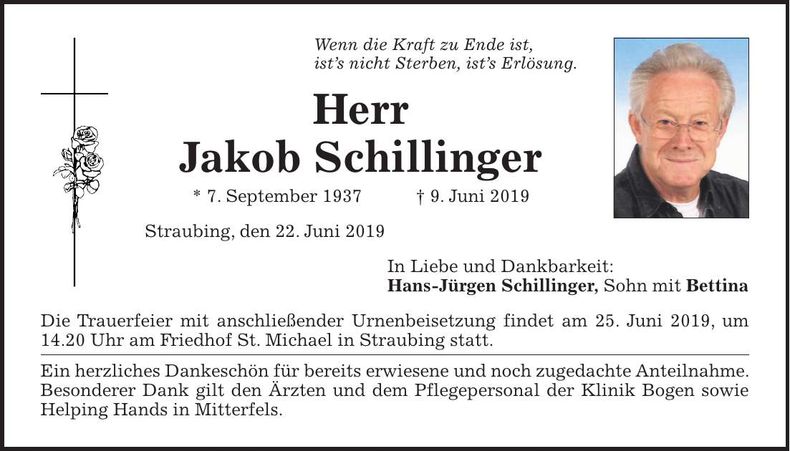 Traueranzeige Jakob Schillinger