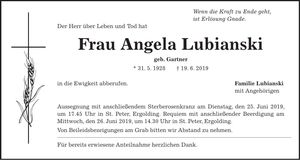 Traueranzeige Angela Lubianski