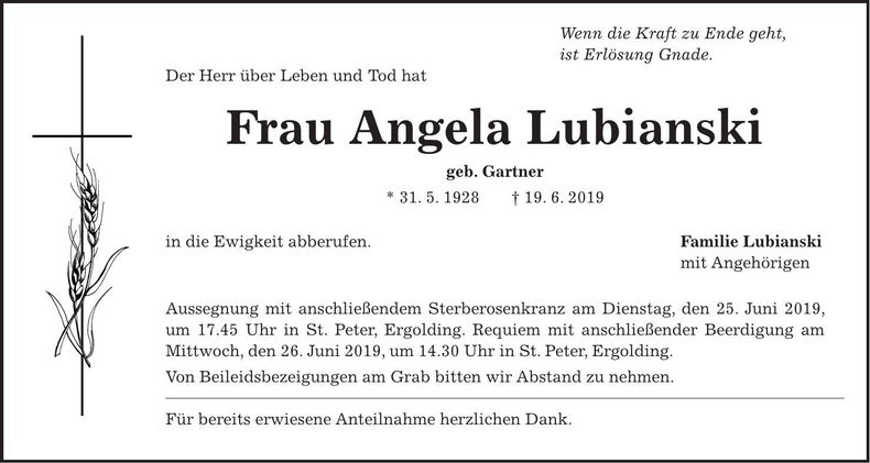 Traueranzeige Angela Lubianski