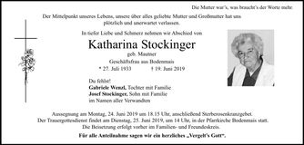 Traueranzeige Katharina Stockinger