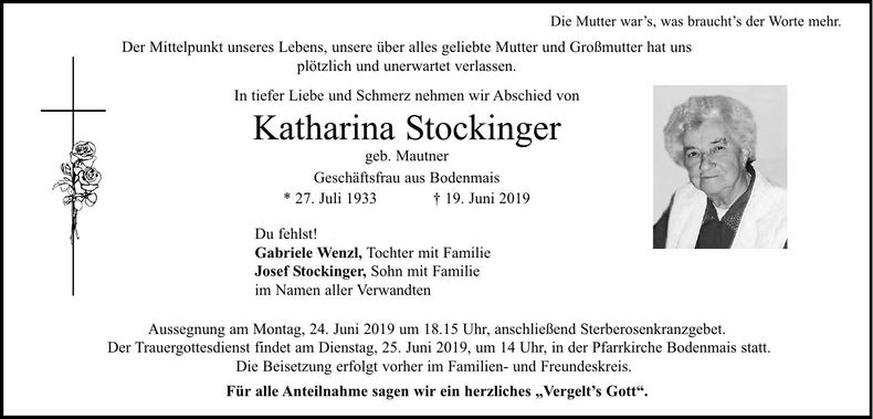 Traueranzeige Katharina Stockinger