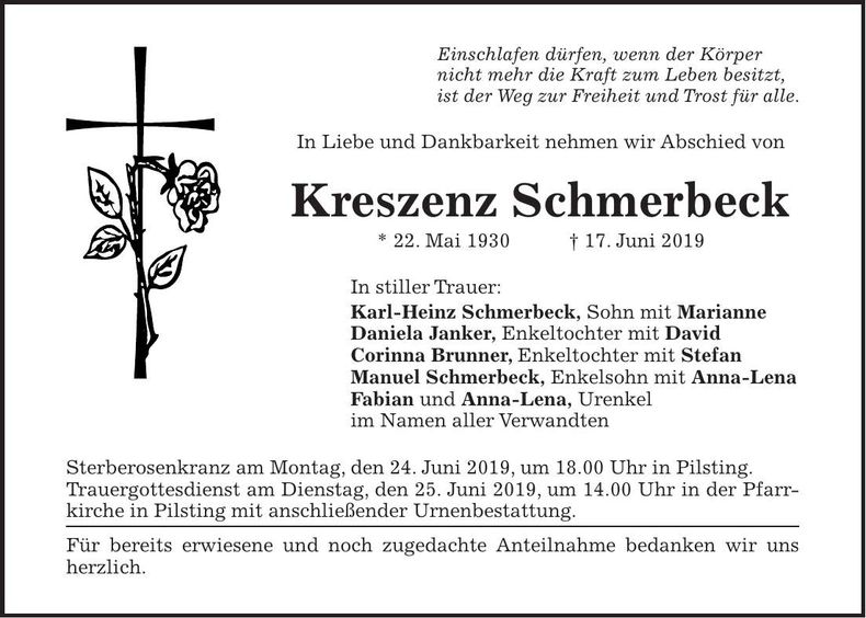 Traueranzeige Kreszenz Schmerbeck