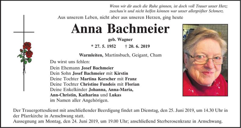 Traueranzeige Anna Bachmeier