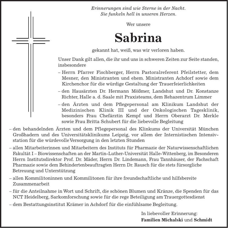 Traueranzeige Sabrina Michalski