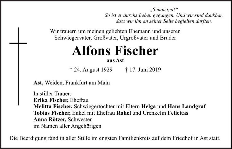 Traueranzeige Alfons Fischer
