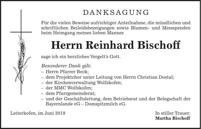 Traueranzeige Reinhard Bischoff