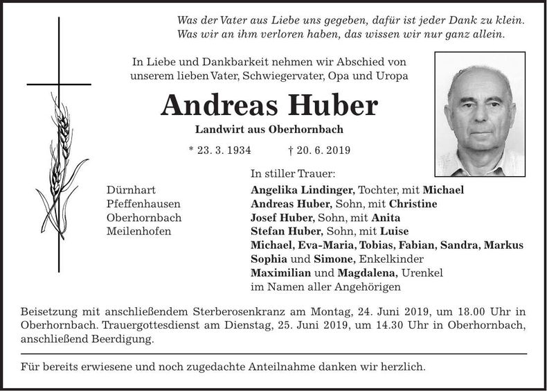 Traueranzeige Andreas Huber
