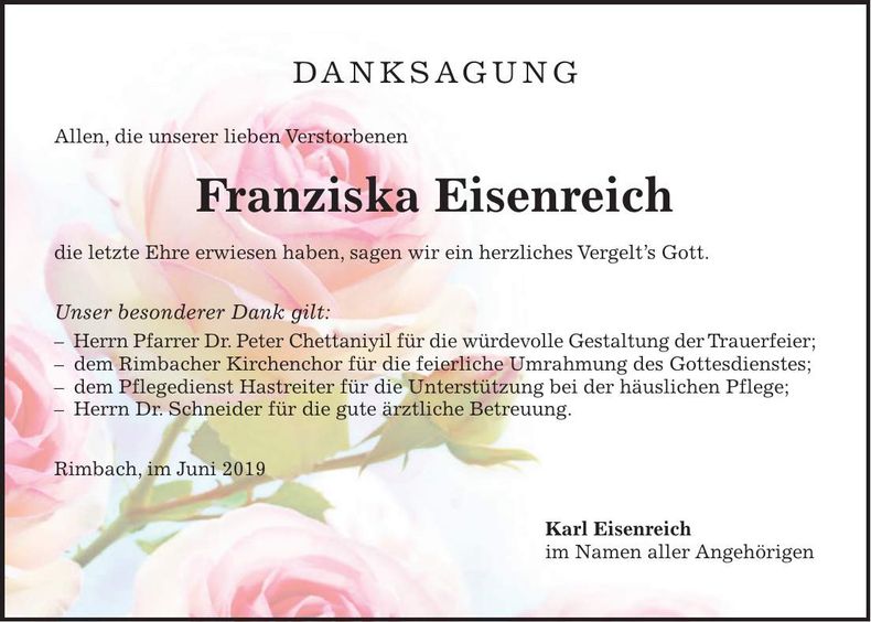 Traueranzeige Franziska Eisenreich