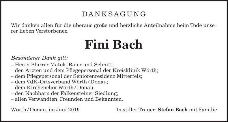 Traueranzeige Fini Bach